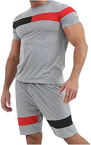 Erkek Yaz Eşofman Renk Bloğu Spor Seti 2 Parça Kısa Kollu T Shirt Şort Kıyafet Rahat Eşofman Atletik Seti