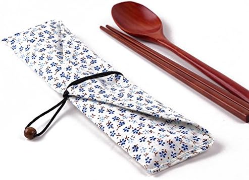 Taşınabilir Seyahat ahşap çatal bıçak takımı Çubuklarını ve Kaşık Bez Sofra Çantası (Mavi Çiçek)