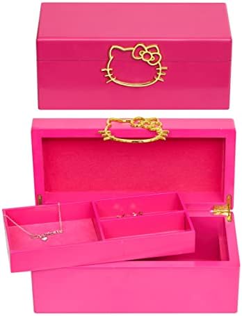 Hello Kitty Sanrio Altın Simgesi Pembe Lake Ahşap Mücevher Kutusu Süet Astarlı Mücevher Kutusu Resmi Lisanslı