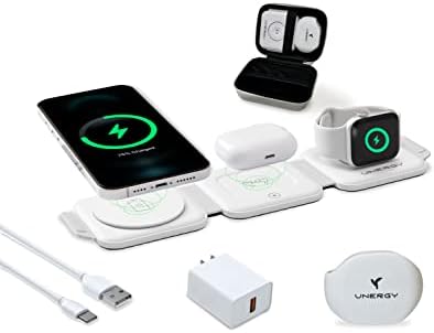 Unergy 3'ü 1 arada Katlanabilir Kablosuz Şarj Cihazı, Manyetik Ped, iPhone 14/Pro/Max/Plus / 13 / 12 ile Uyumlu, Apple