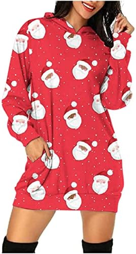Ruzıyoog Noel Hoodies Elbise Kadınlar için Sevimli Santa Baskı Uzun Kollu Kapüşonlu Sweatshirt Elbiseler Gevşek Kazak