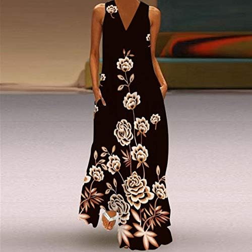 Cami Elbise Cepler ile Kolsuz Çiçek Boho Baskı plaj sundress V Yaka Artı Boyutu Maxi Elbise Yaz Elbiseler Kadınlar