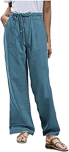 HDZWW Cepler ıle Pantolon Kadın Uzun Düzenli Açık Pantolon Yazları Nefes Düz Bacak Pop Uzun Katı Keten