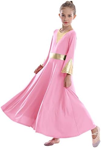 Kızlar Çan Uzun Kollu Övgü Dans Elbise Metalik Kemer Liturjik Lirik Kilise Giyim İbadet Kostüm Çocuklar için