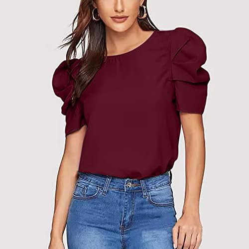lcepcy Yaz Üstleri Kadınlar için 2023 Moda Puf Kollu Yuvarlak Boyun Tee Gömlek Casual düz tişört Kot Pantolon ile