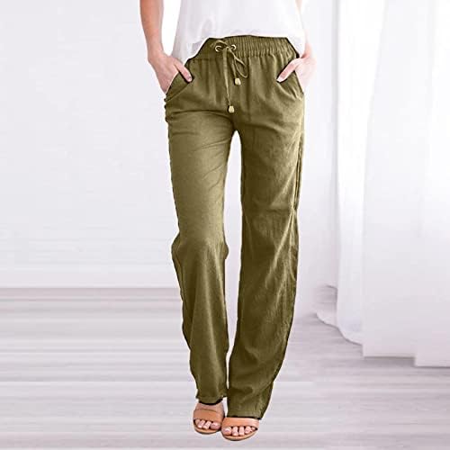 Rahat Yaz Keten pantolon Kadınlar için Geniş Bacak cepli pantolon Gevşek Fit Düz Renk Düz Bacak Pantolon Plaj pantolonu