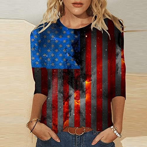 4th Temmuz Gömlek Kadınlar için ABD Bayrağı Yaz 3/4 Kollu Ekip Boyun T - Shirt Dörtte Üçü Kollu Nefes Rahat Bluz Üst
