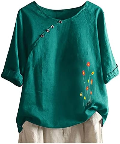 Vintage Bluz Kadınlar İçin Yarım Kollu Crewneck Tee Tshirt Grafik Keten pamuklu bluz Dışarı Çıkmak Tatil Gömlek Kazak