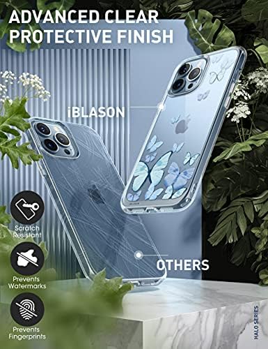 ı - Blason Halo iPhone için kılıf 13 Pro Max 6.7 inç (2021 Sürümü), TPU İç Tamponlu İnce Şeffaf Kılıf (Kelebek / Mavi)