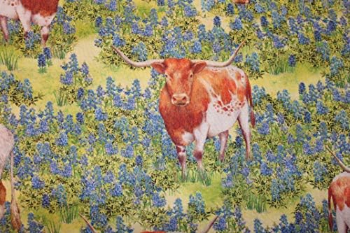 Longhorn ve Texas Bluebonnets Kumaşı Çiçek Açan Teksas Yağ Çeyreği (18 X 22) Yeni BTFQ tarafından Satıldı