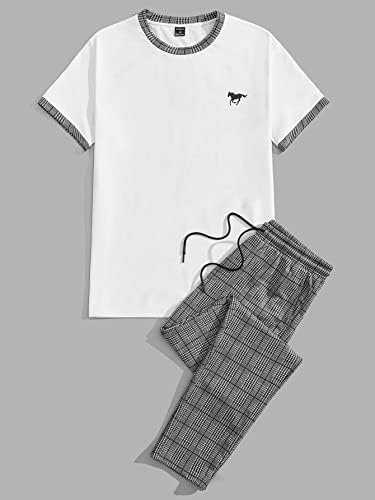 NIBHZ İki Parçalı Kıyafetler Erkekler için Erkekler At Baskı Kontrast Trim Tee ve Ekose Pantolon (Renk: Çok Renkli,