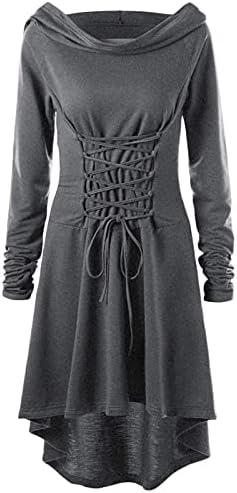 BADHUB kadın Ortaçağ Gotik svetşört Elbise Başparmak Deliği ile Uzun Kollu Dantel-up Yüksek Düşük Kısa Kapşonlu Elbise