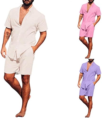 Erkek havai gömleği Setleri Düz Renk Casual Düğme Aşağı Gömlek ve Gevşek Şort 2 Parça Yaz Plaj Kıyafetleri Setleri