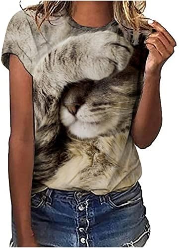 Tişörtleri Kadınlar için Yaz Moda 3D Kedi Baskılı Üstleri Rahat Kısa Kollu Tees Komik Hayvan Grafik Genç Kız Bluz
