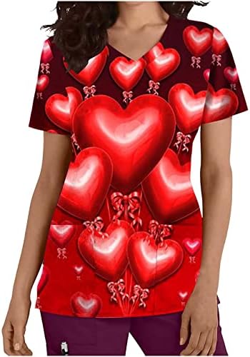 Kadın sevgililer Günü Scrub_Tops Cepler ile Kısa Kollu Moda Baskı T-Shirt V Boyun Casual Tees İş Giysisi