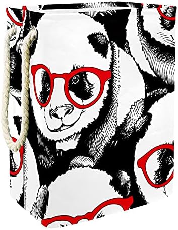Panda Siyah Beyaz Kırmızı Gözlük Giymek Kolay Taşıma Saplı Büyük Çamaşır Sepeti, Eşya kutuları için Su Geçirmez Katlanabilir