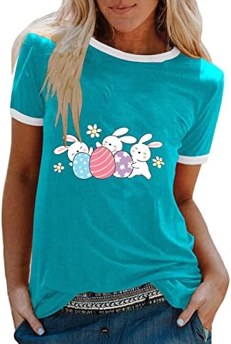 Neşeli Tavşan T-Shirt kadın Paskalya Günü Kısa Kollu Crewneck Tişörtleri Komik Tavşan Yumurta Baskılı Yaz Crewneck