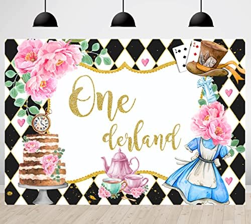 Onederland 1st Doğum Günü Backdrop Kızlar için Wonderland Çay Partisi Fotoğraf Arka Plan Kız Pembe Çiçek Poker Dekorasyon