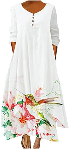 Lmdudan Artı Boyutu Elbise Kadınlar için Yaz 3/4 Kollu Crewneck Maxi Elbiseler Zarif Çiçek Baskılı Düğme uzun elbise
