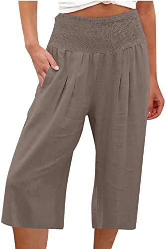 Bayan Pamuk Keten Geniş Bacak Kırpılmış Pantolon Elastik Bel Rahat Kapriler Pantolon Cepler ile Gevşek Fit Yoga Pantolon