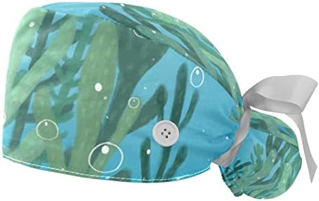 Düğme ve Ter Bandı ile 2 Paket Çalışma Kapağı, Deniz Yosunu Ayarlanabilir Kabarık Fırçalama Şapkaları At Kuyruğu