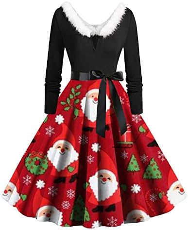 Kürklü Noel Elbise kadınlar için Vintage 1950'ler Noel Uzun Kollu Elbise V Boyun Rockabilly Balo Parti Kokteyl Elbiseleri