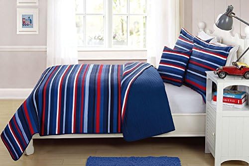 Zarif ev dekor renkli ışık ve koyu mavi kırmızı beyaz çizgili tasarım eğlenceli renkli yorgan yatak örtüsü yatak seti
