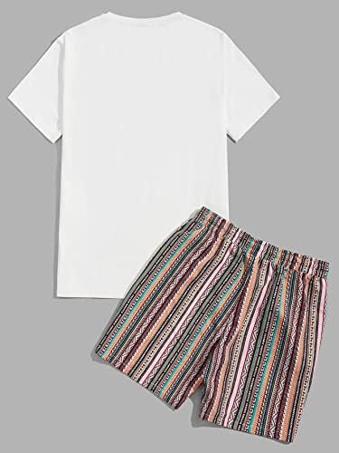 FİOXA İki Parçalı Kıyafetler Erkekler için Erkekler Geo Baskı Tee ve İpli Bel Şort (Renk: Çok Renkli, Boyutu: Büyük)
