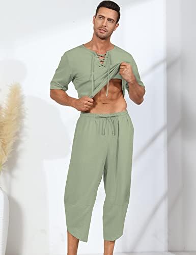 Babioboa erkek 2 Parça Keten Set Kısa Kollu Hippi Gömlek ve Baggy Harem kapri pantolonlar Rahat Plaj Yoga Pantolon
