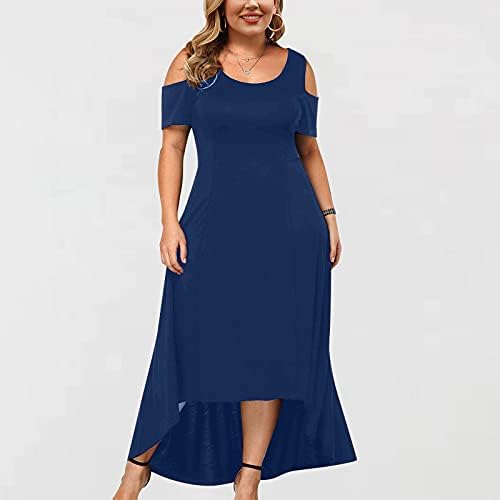 Kadın Artı Boyutu Yaz Maxi Elbiseler Soğuk Omuz Crewneck Akşam Parti Elbise Yüksek Düşük Hem Salıncak uzun elbise