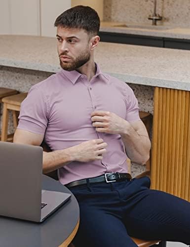 URRU erkek Kas Elbise Gömlek Slim Fit Streç Kısa Kollu Casual Düğme Aşağı Gömlek Erkekler için