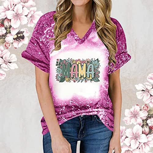 Mutlu anneler Günü T-Shirt Kadın Çiçek Anne Mektup Baskı Üstleri Rahat Kısa Kollu V Boyun Ağartılmış Gömlek Bluz