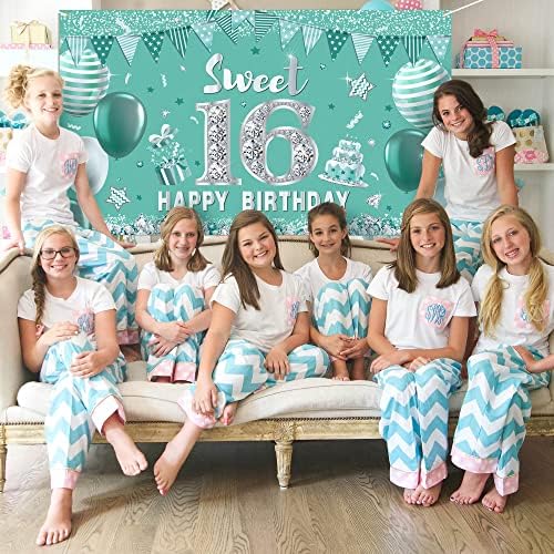 Teal Gümüş Doğum Günü Arka Kadınlar Kızlar için Gümüş Yeşil Mutlu Tatlı 16th Doğum Günü Parlak Elmas Balonlar Parti