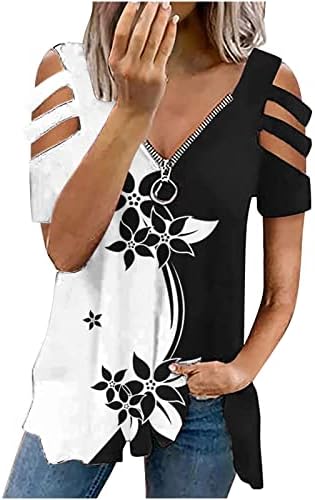 Yaz T Shirt Kadınlar için Fermuar V Boyun Soğuk Omuz En Tees Çiçek Baskılı Gevşek Bluz Tunik Üstleri Tayt