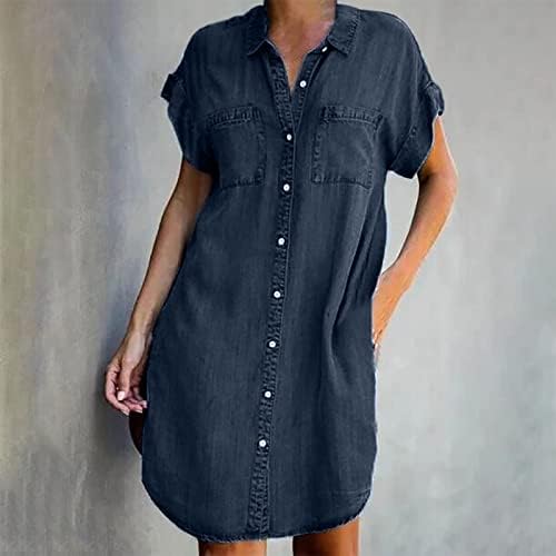 Kadın Denim Gömlek Elbiseler Kısa Kollu Sıkıntılı Jean Elbise Düğme Aşağı Casual Tunik Elbise Yaz Gevşek Shift Midi