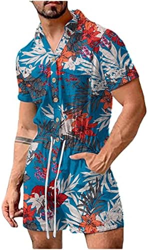 ıOPQO Uzun Geniş Bacak Tulumlar Erkekler için Erkekler Çiçekler Baskı Yatak Açma Yaka Plaj Hawaii Tulum Egzersiz Tulumlar