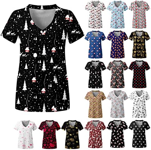 Scrubs Kadınlar için Tops, Çiçek Grafik V Boyun Kısa Kollu bol tişört Artı Boyutu Scrubs Kadınlar için Tops