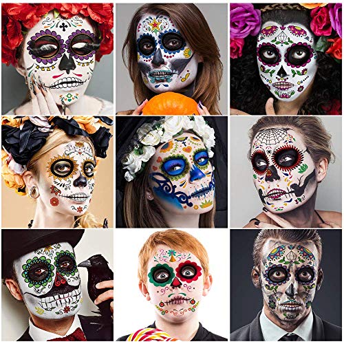 Ölü Yüz iskelet dövmeleri/Dia De Los Muertos, Kadınlar/Erkekler/Yetişkinler için Cadılar Bayramı Geçici Şeker Kafatası