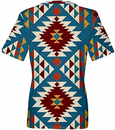 Aztek Geometrik Baskı T-Shirt Kadın V Boyun Kısa Kollu Gömlek Casual Gevşek Konfor Hafif Retro Etnik Tops